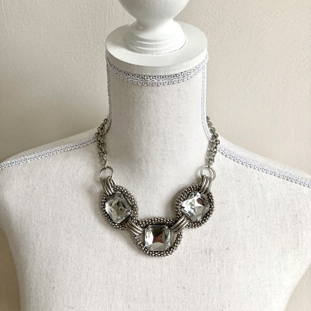 Chunky Silver Tone Necklace w/ 3 Square, Faceted Crystal Textured Links